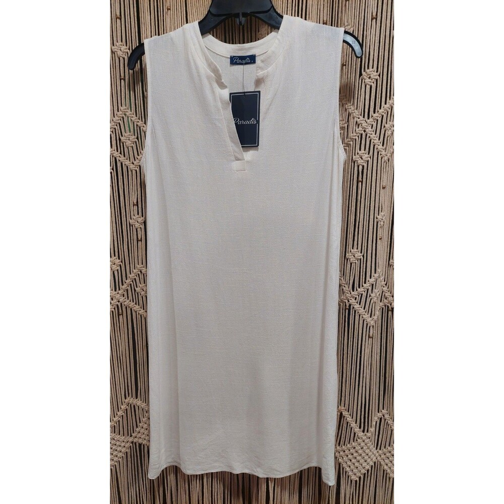 White Straight Minimalist Bohemian Dress Linen Blend Midi Beach Sz S Paradise